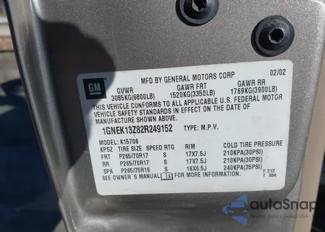 2002 Chevrolet Tahoe Z71 from USA, damaged, VIN 1GNEK13Z82R249152